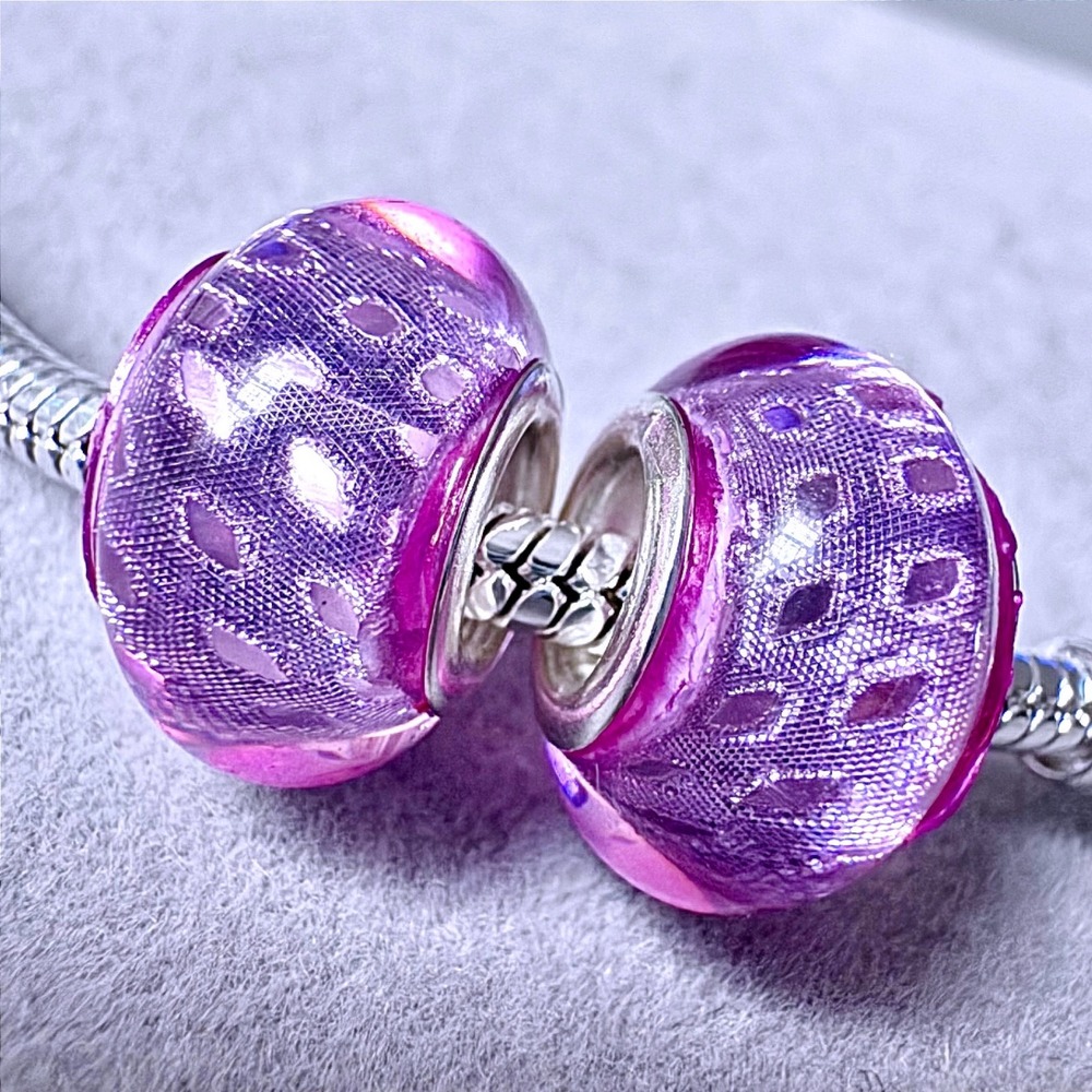 2 Pcs Murano Glass Purple Pattern Shimmer Charm Beads fits PANDORA